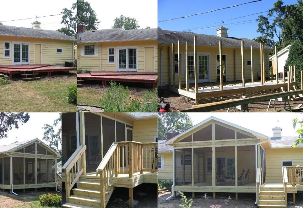 The Holbrook job in six frames: a tired original deck, the deck stripped back, new posts and framing going up, and the finished screened porch with a gable roof, railing and steps
