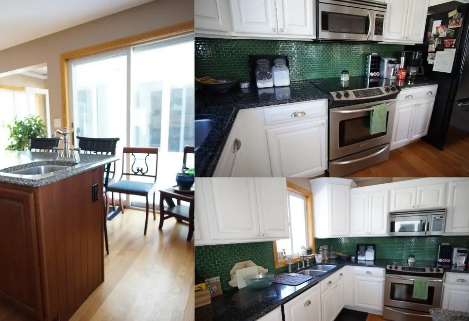 The finished Kane kitchen in three frames: white raised panel cabinets, an emerald green glass tile backsplash, dark granite counters and a cherry island with a sink
